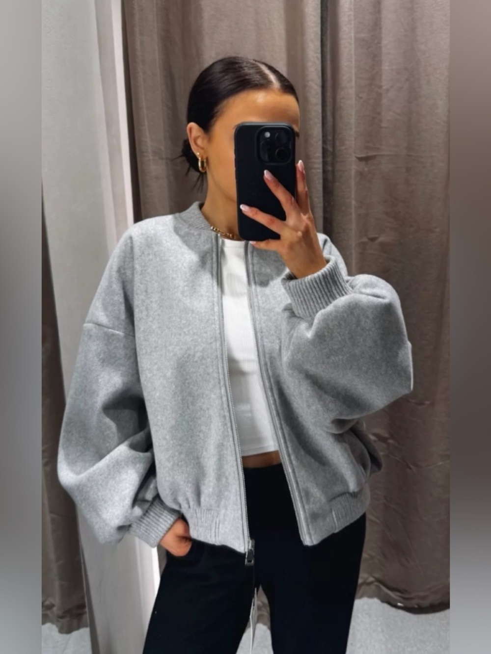 Zara Soft Bomber Jacket in Gray Cropped Wool Blend | Size XL Fall Casual Cute